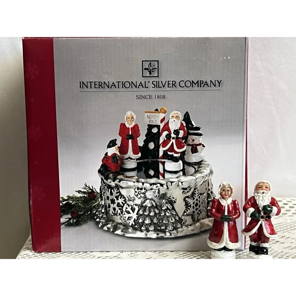 1990s International Silver Santa Mrs Claus On Ice Musical Music Box Christmas